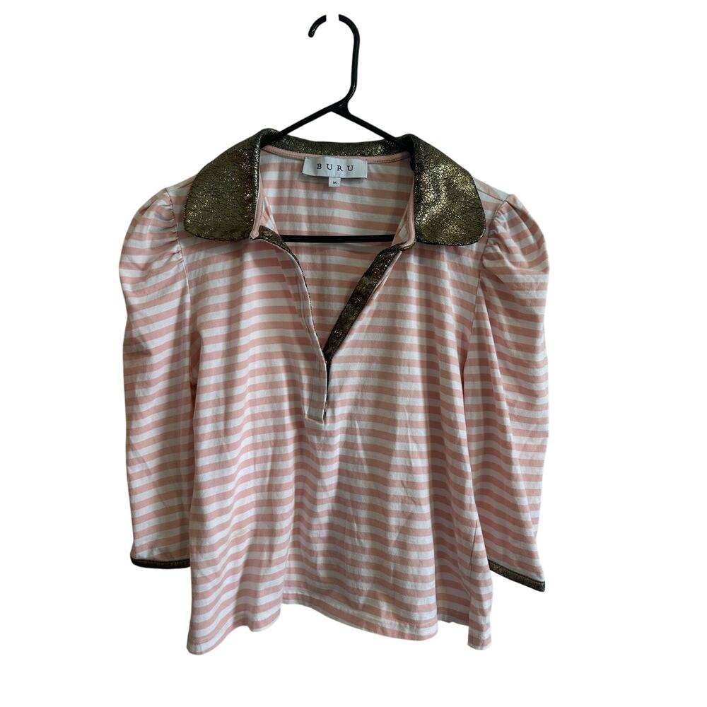 Buru Pink White Stripe 3/4 Sleeve Blouse Sz M Button Neck Gold Collar